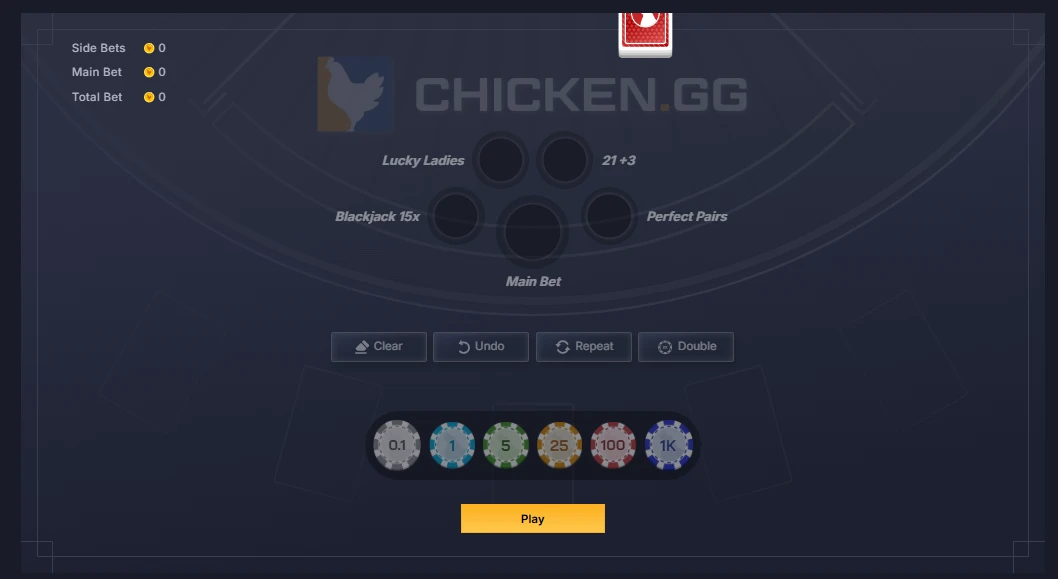 Chicken.GG Blackjack table with Lucky Ladies, 21+3, Perfect Pairs, and Blackjack 15x side bet spots and chip sizes up to 1K