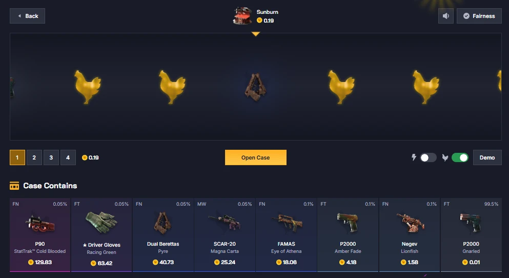 Chicken.GG Sunburn case opening with golden chicken animation, item odds displayed, and Demo mode toggle