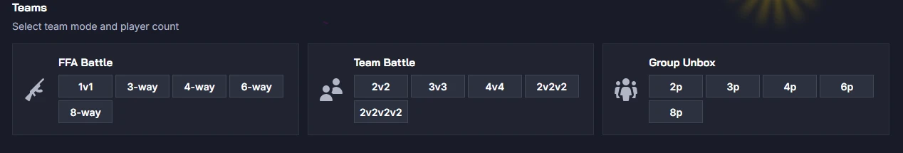 Chicken.GG Case Battle team selector with FFA up to 8-way, Team Battle up to 2v2v2v2 and 4v4, and Group Unbox up to 8p
