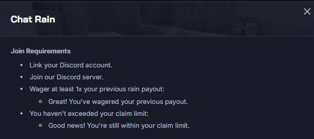 Chicken.GG Chat Rain requirements popup showing Discord link, server join, and 1x previous payout wager needed to join