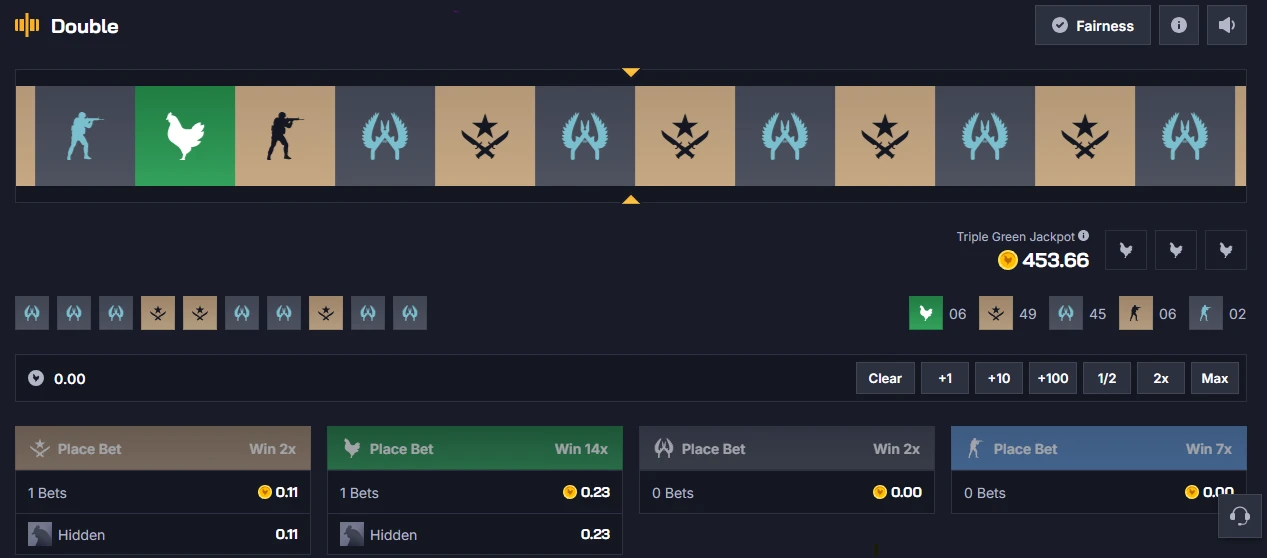 Chicken.GG Double roulette with CT, T, Green, and Bait options paying 2x, 2x, 14x, and 7x, plus a Triple Green Jackpot