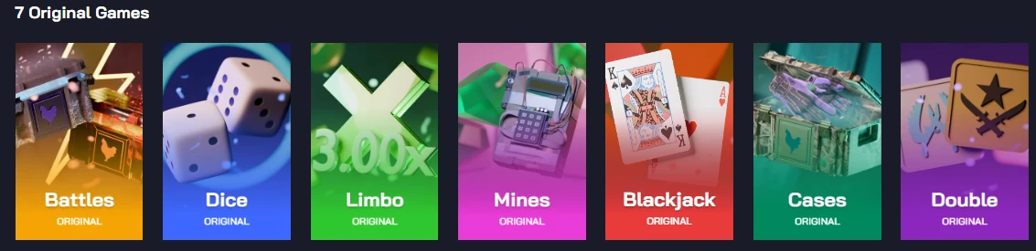 Chicken.GG game lobby showing all 7 original games: Battles, Dice, Limbo, Mines, Blackjack, Cases, and Double