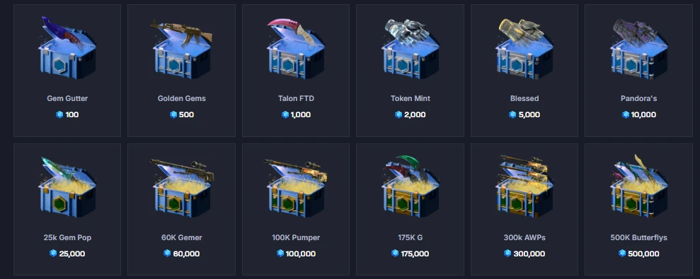 Chicken.GG Gem Store cases priced from 100 gems for Gem Gutter up to 500,000 gems for 500K Butterflys