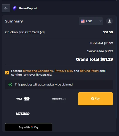 Pulse deposit checkout for a 50 dollar Chicken.GG gift card totaling 61.29 dollars after 9.79 dollar service fee, a 22.58% markup