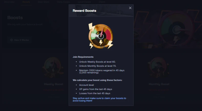 Chicken.GG Reward Boosts popup showing Weekly unlock at level 60, Monthly at level 70, and 2,000 token wager requirement