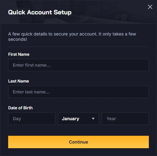Chicken.GG Quick Account Setup form requiring first name, last name, and date of birth before playing