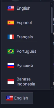 Chicken.GG language selector showing English, Espa�ol, Fran�ais, Portugu�s, ???????, and Bahasa Indonesia options