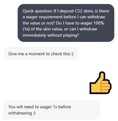 Chicken.GG live support confirming a 1x wager requirement on CS2 skin deposits before withdrawal is allowed
