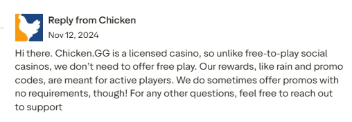Chicken.GG Trustpilot reply stating rewards like rain and promo codes are for active players, not free-to-play users