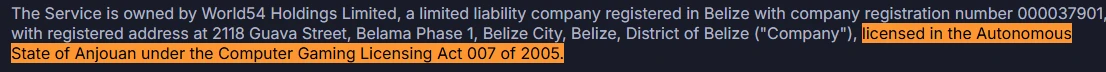 Chicken.GG Terms of Service excerpt showing World54 Holdings Limited registered in Belize with company number 000037901, licensed under the Autonomous State of Anjouan
