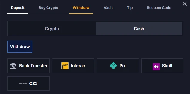 Chicken.GG withdrawal options panel showing crypto and cash methods including Bank Transfer, Interac, Pix, Skrill, and CS2 skins
