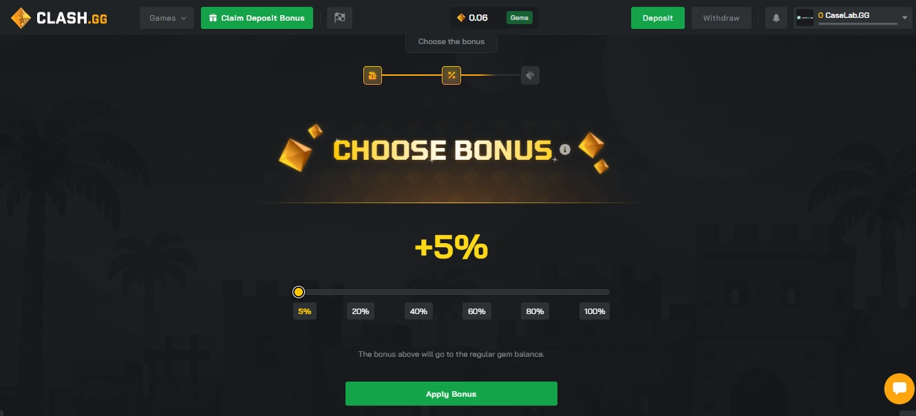 Clash.gg welcome deposit bonus page set to +5% with a slider offering options from 5% to 100%, showing the 5% bonus goes directly to regular gem balance with no extra wagering