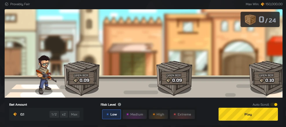 Clash.gg Bomb Rush game showing a side-scrolling character approaching crates with gem values, Low risk mode selected, 0/24 boxes opened, and a 150,000 gem max win cap