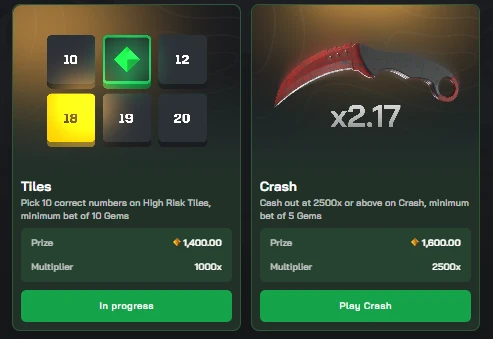 Clash.gg Challenges panel showing a Tiles challenge pick 10 correct on High Risk for 1,400 gems at 1000x and a Crash challenge cash out at 2500x for 1,800 gems
