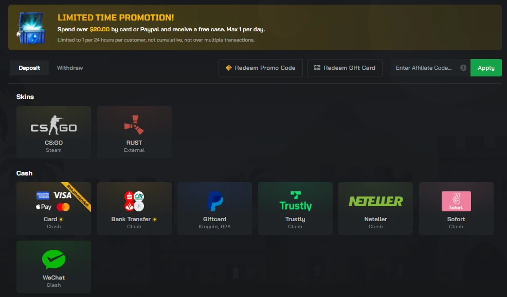 Clash.gg deposit page showing skin deposits for CS2 and Rust, cash options including Card, Bank Transfer, Giftcard, Trustly, Neteller, Sofort, WeChat, and promo code fields
