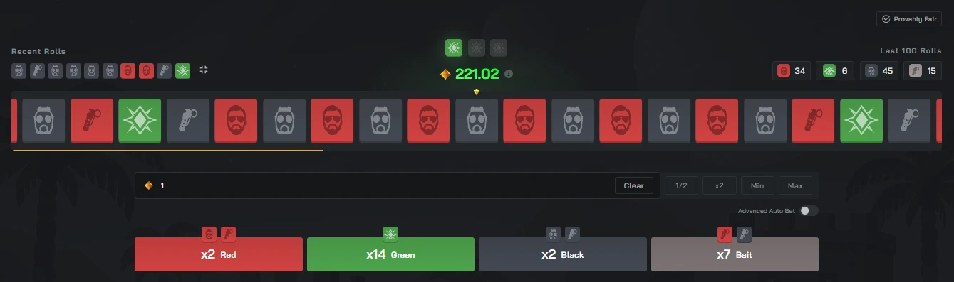 Clash.gg Double Roulette game with four betting options: Red x2, Green x14, Black x2, and Bait x7, showing recent rolls history and Advanced Auto Bet toggle