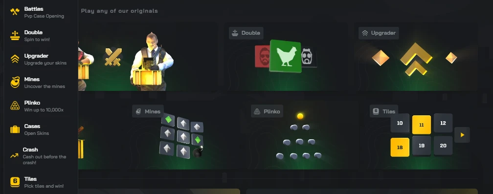 Clash.gg games menu showing all available modes: Battles, Double, Upgrader, Mines, Plinko, Cases, Crash, and Tiles with visual previews of each game interface