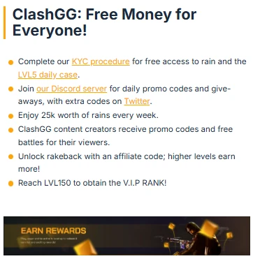 Clash.gg rewards information page listing KYC requirement for rain and daily cases, Discord server for promo codes, 25k weekly rains, and Level 150 for VIP rank