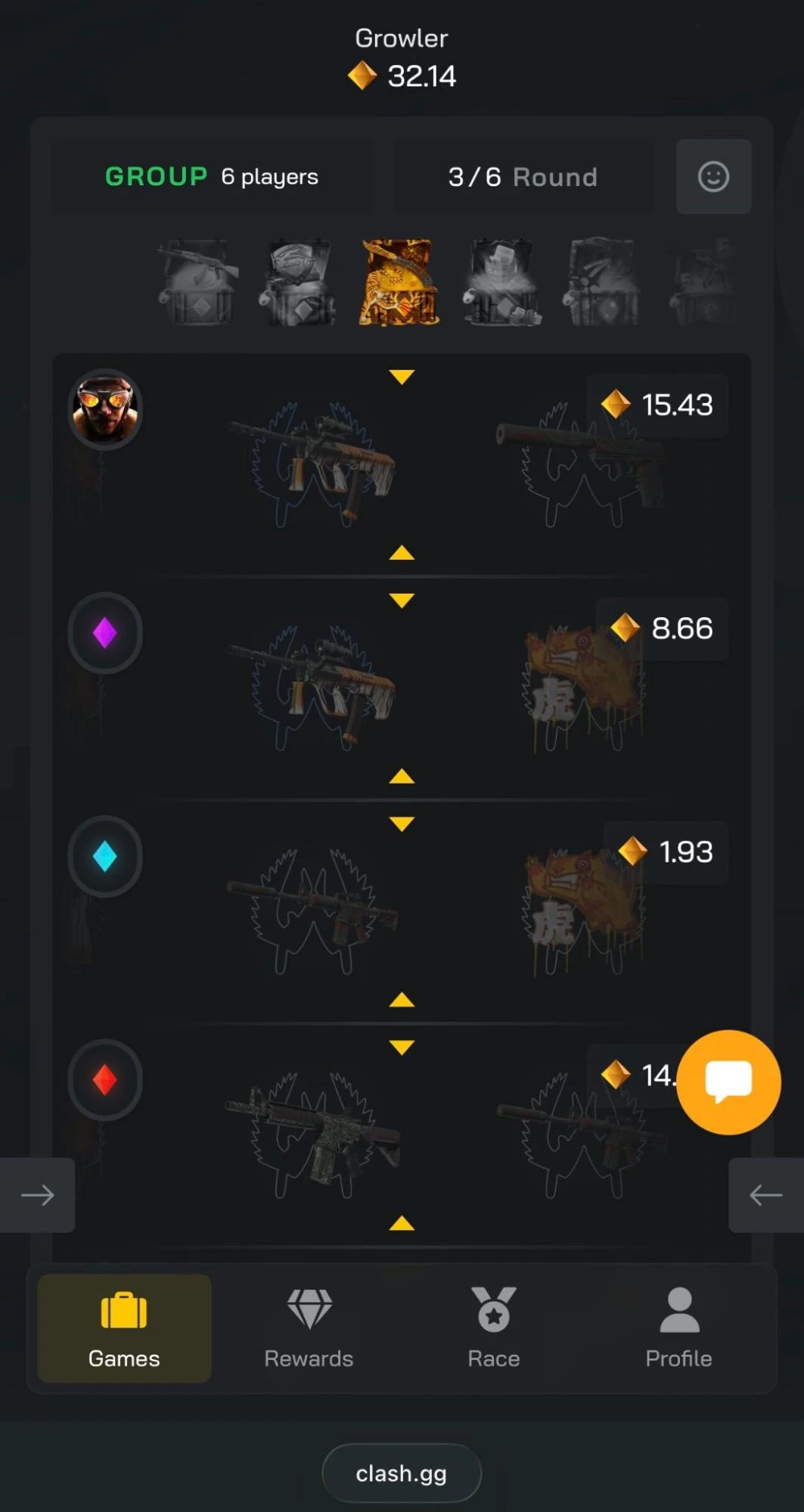 Clash.gg Group Case Battle with 6 players on mobile browser showing Round 3 of 6 with player unboxed values, demonstrating the vertical scrolling layout