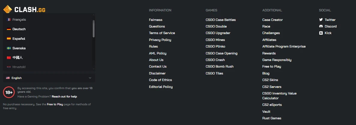 Clash.gg footer showing language options including Fran�ais, Deutsch, Espa�ol, Svenska, Chinese, Hrvatski, game links, information pages, and social links