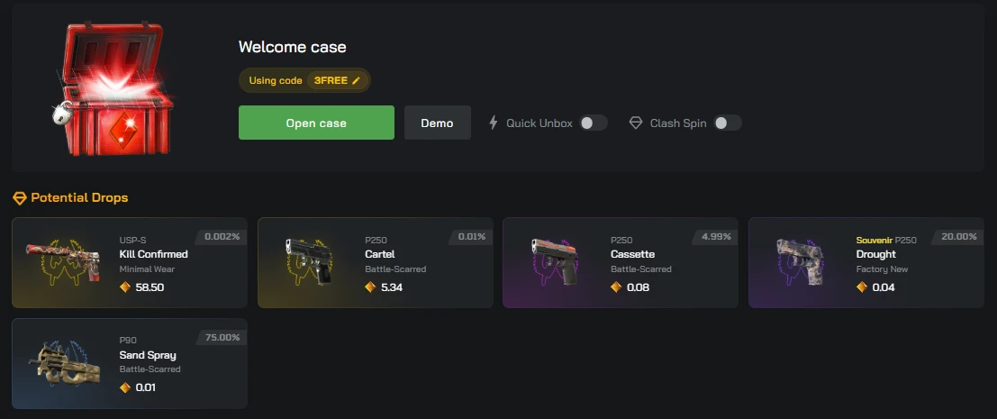 Clash.gg Welcome Case showing potential drops with odds from USP-S Kill Confirmed at 0.002% to P90 Sand Spray at 75%, using code 3FREE