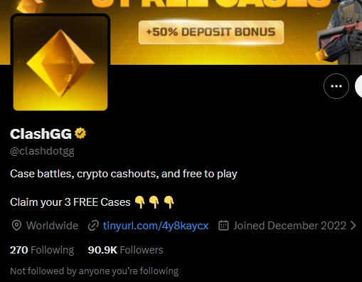 ClashGG verified X Twitter profile with 90.9K followers, promoting case battles, crypto cashouts, and 3 free cases, joined December 2022