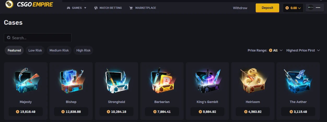 CSGOEmpire Cases page with risk filters, search bar, and featured cases sorted by highest price first