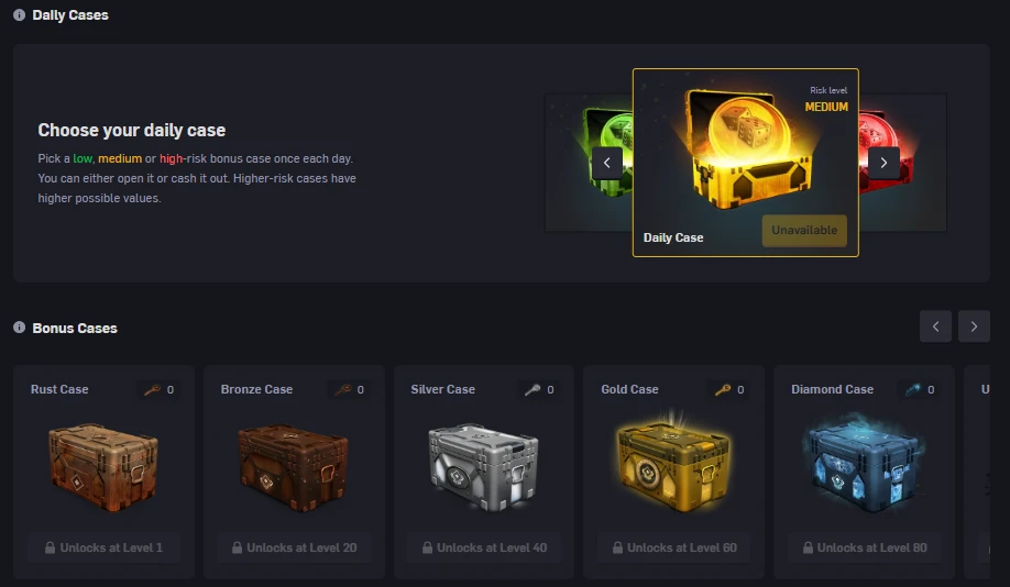CSGOEmpire Daily Cases with low, medium, and high risk options, plus Bonus Cases from Rust to Diamond unlocked by level