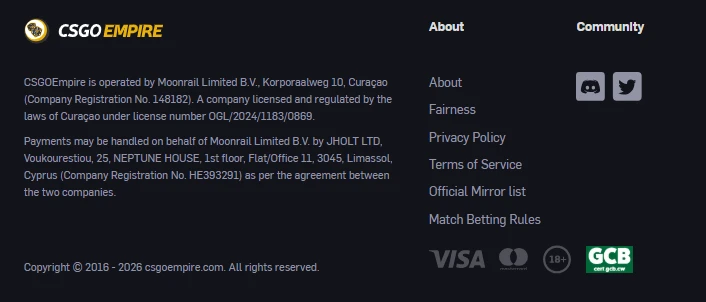 CSGOEmpire footer showing Moonrail Limited B.V. as operator, Cura�ao license OGL/2024/1183/0869, and payment logos
