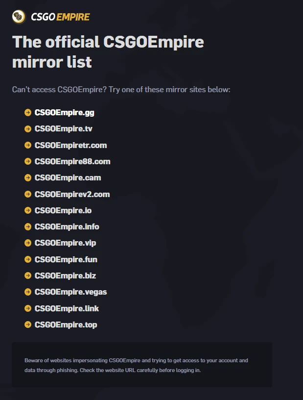 CSGOEmpire official mirror list with 14 alternate domains and a phishing warning to verify URLs before logging in