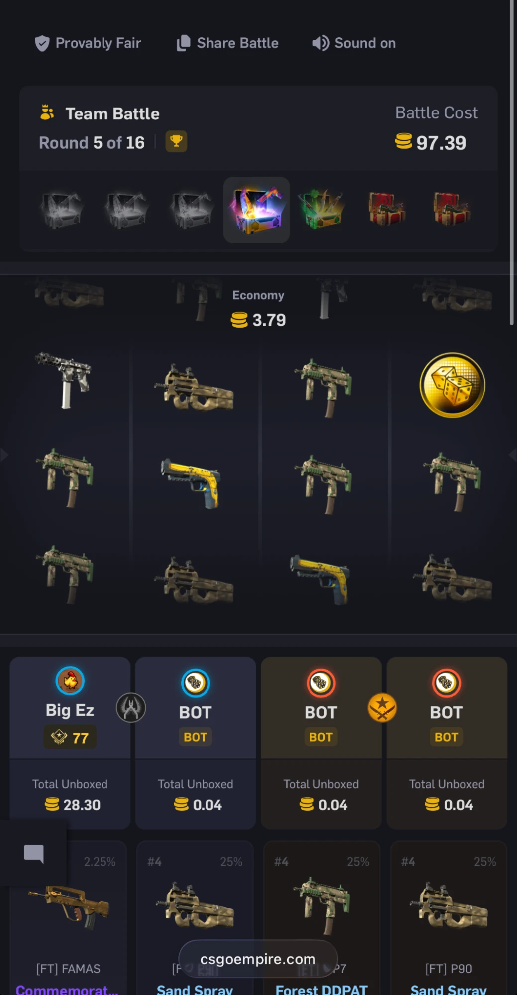 CSGOEmpire mobile view of a 4-player Team Battle on round 5 of 16 with unboxed values and provably fair badge