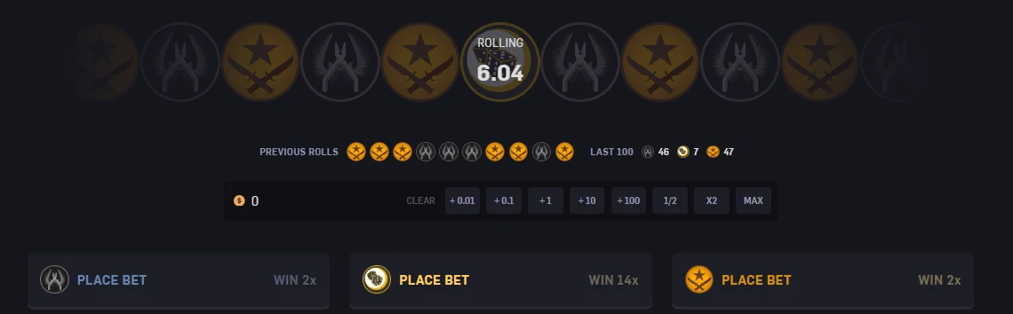 CSGOEmpire Roulette mid-roll with T, CT, and Dice betting options paying 2x, 2x, and 14x multipliers