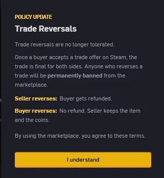 CSGOEmpire trade reversal policy popup warning that reversals result in permanent marketplace bans