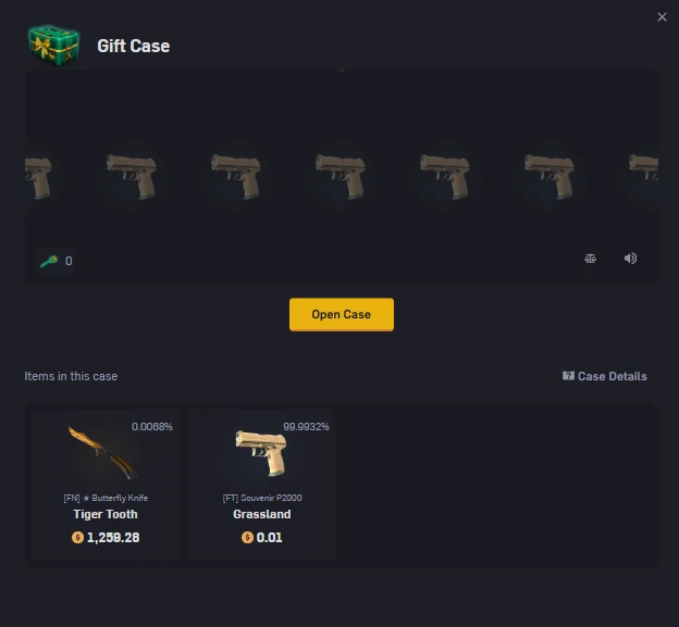CSGOEmpire Gift Case showing a Butterfly Knife Tiger Tooth at 0.0068% odds and a P2000 Grassland at 99.9932%