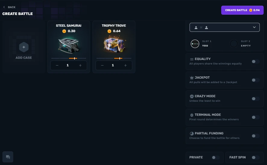 CSGOGem battle creation screen with Equality, Jackpot, Crazy, Terminal, and Partial Funding toggles
