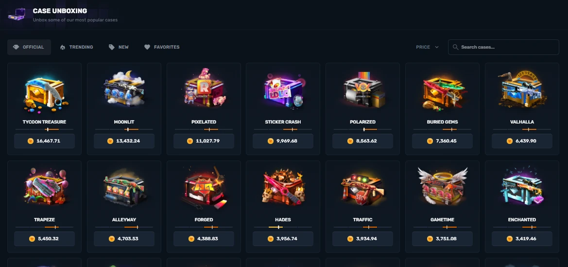 CSGOGem case unboxing lobby sorted by price, ranging from 3,419 coins up to 16,467 for Tycoon Treasure