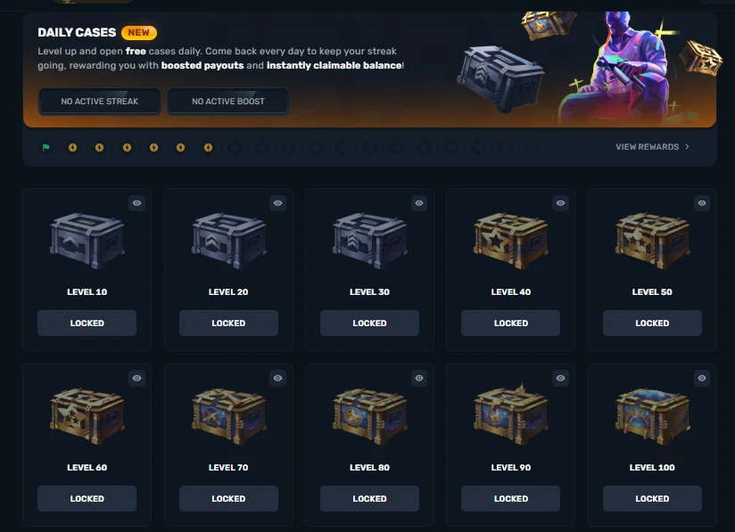 CSGOGem daily cases page showing locked tiers from Level 10 to Level 100 with streak and boost status