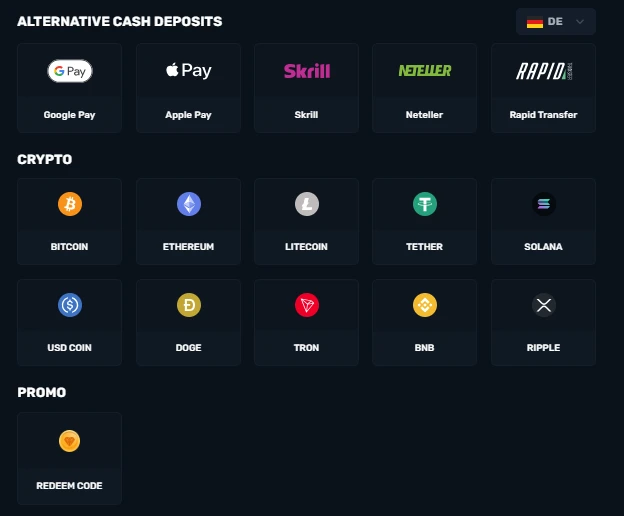 CSGOGem deposit options including Google Pay, Apple Pay, Skrill, Neteller, 10 cryptocurrencies, and a promo code field
