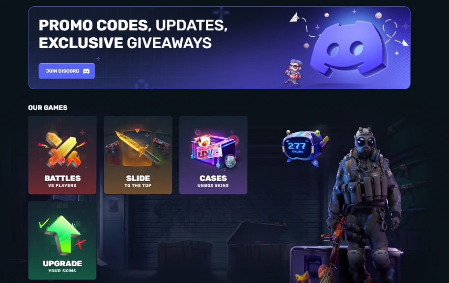CSGOGem homepage showing Battles, Slide, Cases, and Upgrader game tiles with Discord promo banner and 277 players online