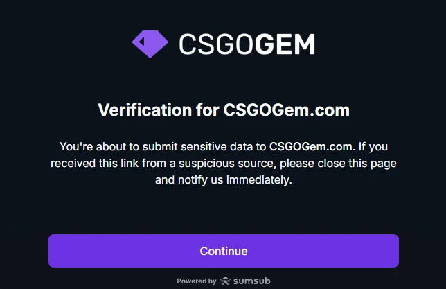 CSGOGem KYC verification page powered by Sumsub with a sensitive data submission warning