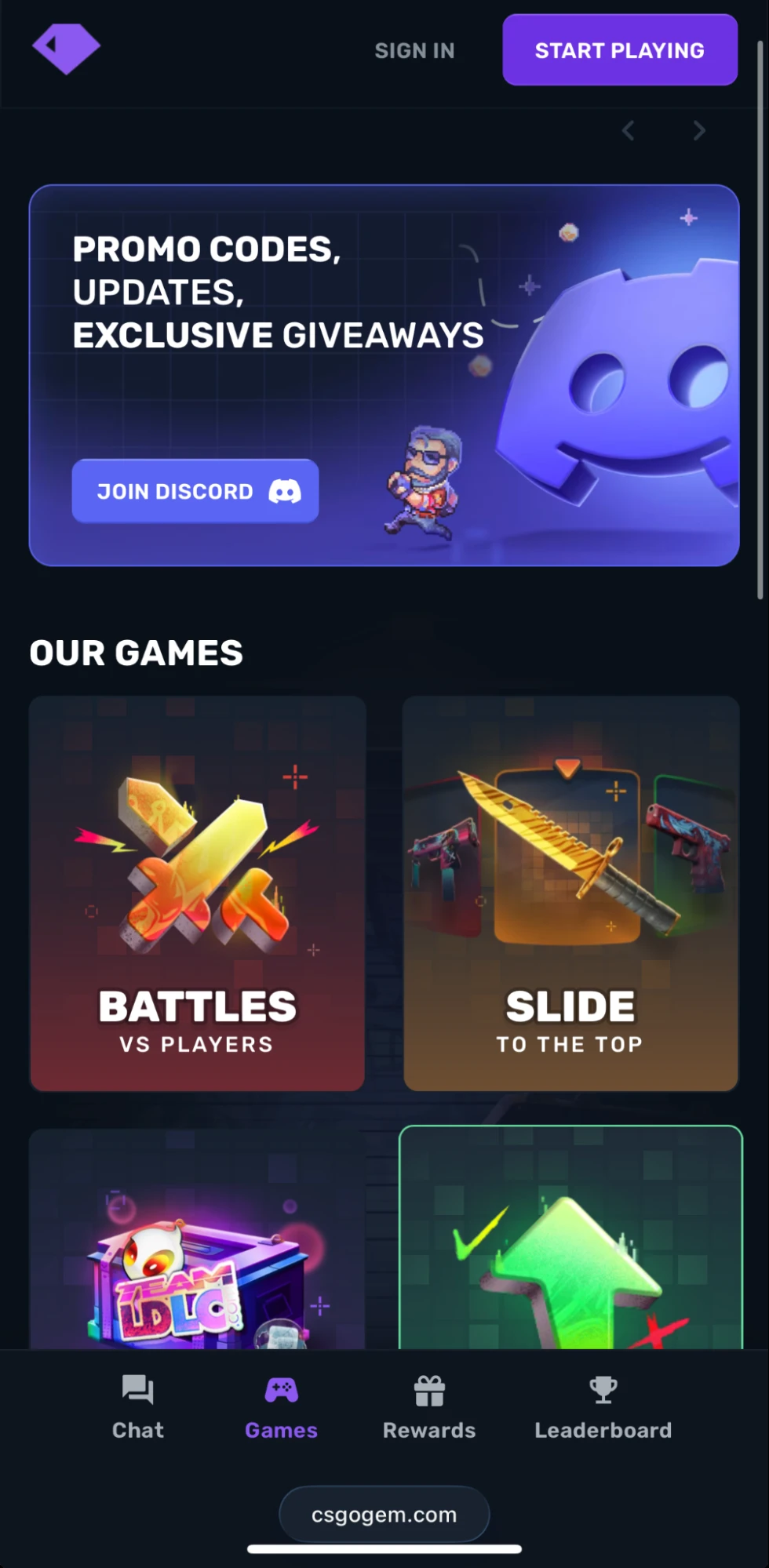 CSGOGem mobile browser view with game tiles, Discord banner, and bottom navigation for Chat, Games, Rewards, and Leaderboard