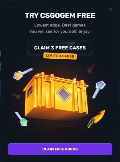 CSGOGem welcome popup offering 3 free cases labeled as a limited offer with Lowest edge Best games tagline