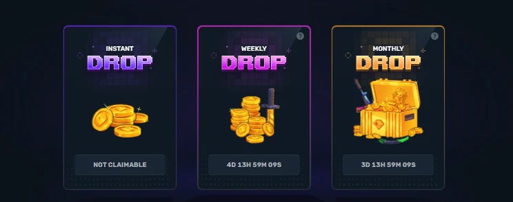 CSGOGem instant, weekly, and monthly drop rewards with countdown timers for each claim window