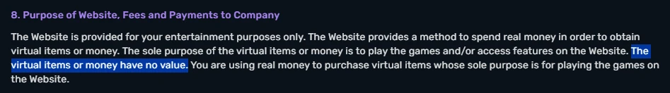 CSGOGem Terms of Service Section 8 stating virtual items or money have no value, highlighted