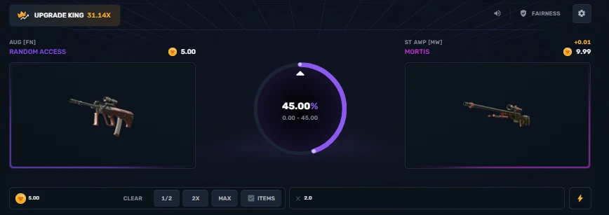 CSGOGem Upgrader with an AUG valued at 5 coins targeting a StatTrak AWP at 9.99 coins with 45% win chance