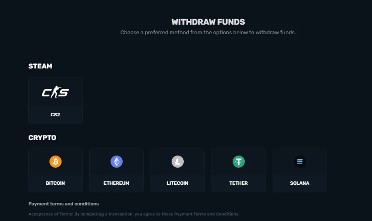 CSGOGem withdrawal page showing CS2 skins and five crypto options: Bitcoin, Ethereum, Litecoin, Tether, and Solana