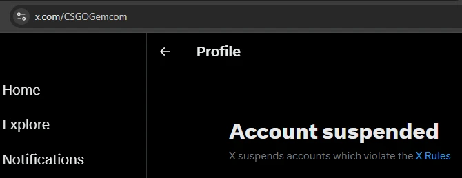 CSGOGem official X/Twitter account at x.com/CSGOGemcom showing a suspended account notice