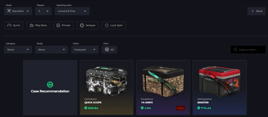CSGOLuck Case Battle creation with Standard mode, Quick, Jackpot, Luck Spin toggles, and AI case recommendation