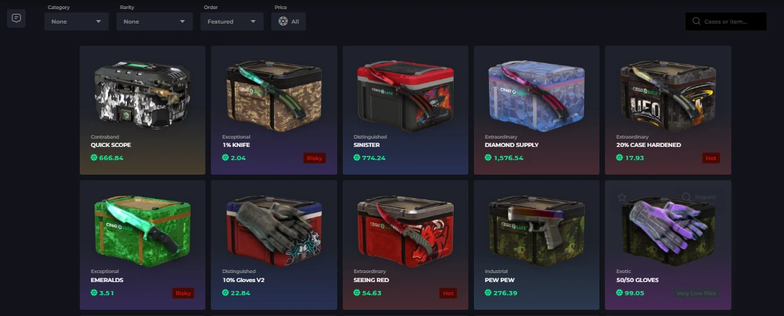 CSGOLuck case opening lobby showing 10 cases with prices, risk tags, and category filters