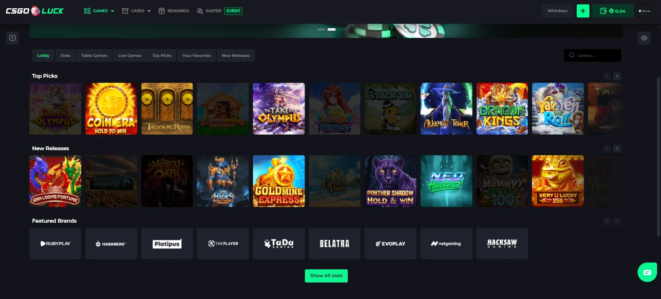 CSGOLuck Casino lobby with Top Picks, New Releases, and featured providers like Hacksaw Gaming and Evoplay